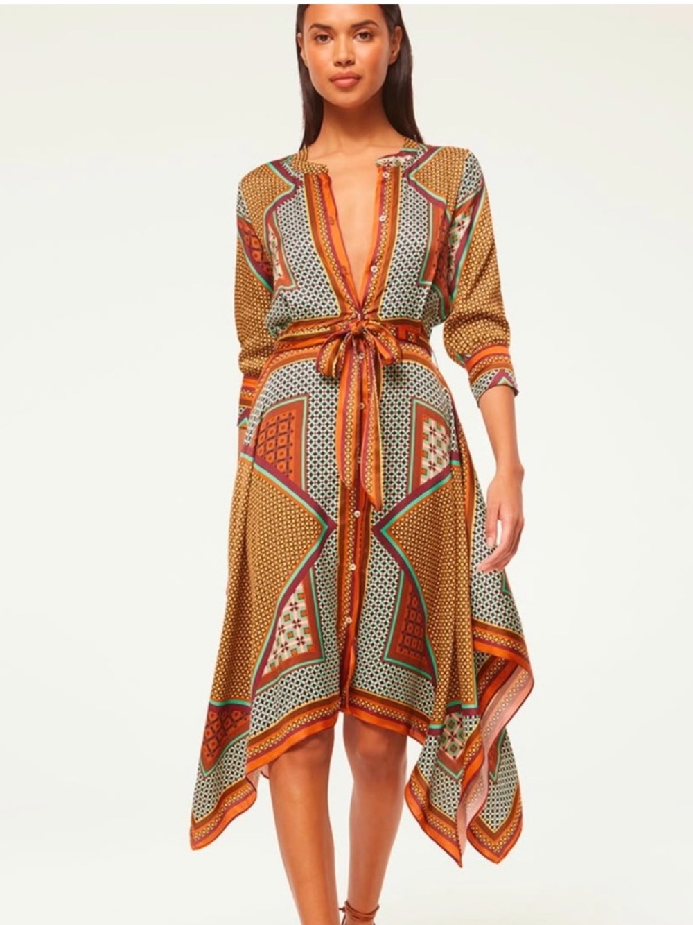 MISA Solmaz Scarf Print Dress- NWT Midi long sleeve multi pattern dress. Large